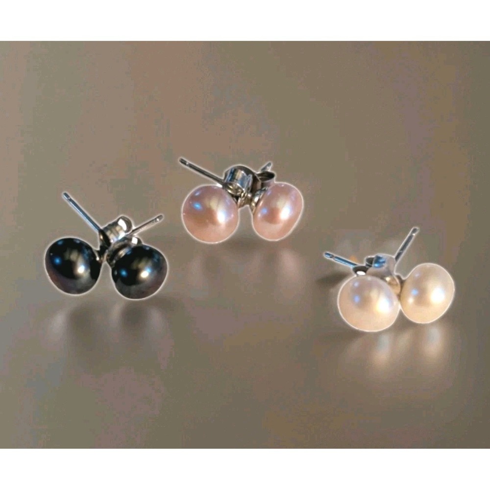 925 Sterling Silver Freshwater Pearl Stud Earrings 3 Pair Sets White Pink Black